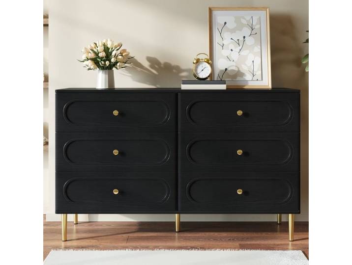Buffet bas - URBANLUXE - Buffet moderne - 6 tiroirs - MDF pieds métal - 120x40x75 cm