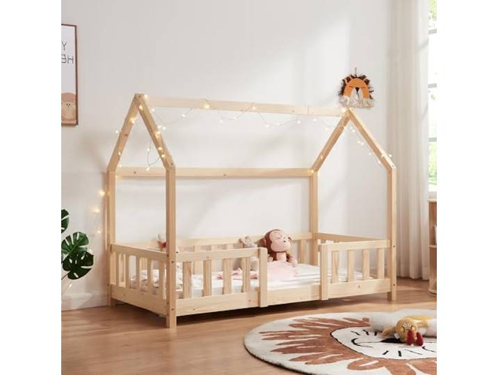 [en.casa] Kinderbett Sisimiut Hausbett Montessori 80 x 160 cm mit Rausfallschutz Holzbett für Kinder Bodenbett Lattenrost Kiefernholz Holzfarben