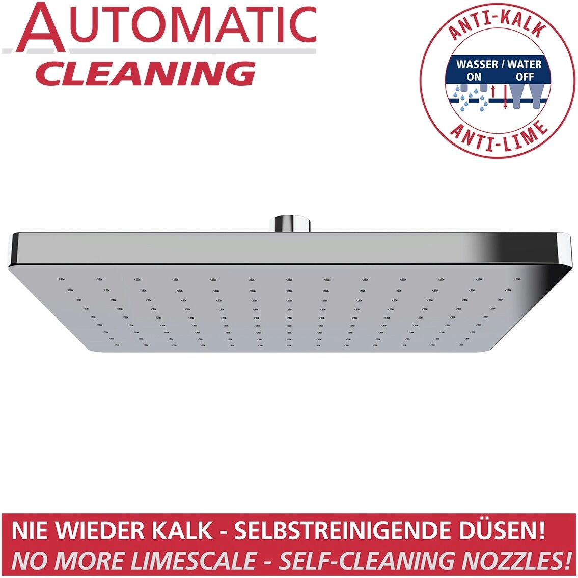Regenduschkopf WENKO "Watersaving System", silber (silberfarben), B:23,5cm T:7cm, Duschköpfe, Regenduschkopf, Regenduschkopf Automatic Cleaning, 25 x 17 cm silberfarben Einheitsgröße