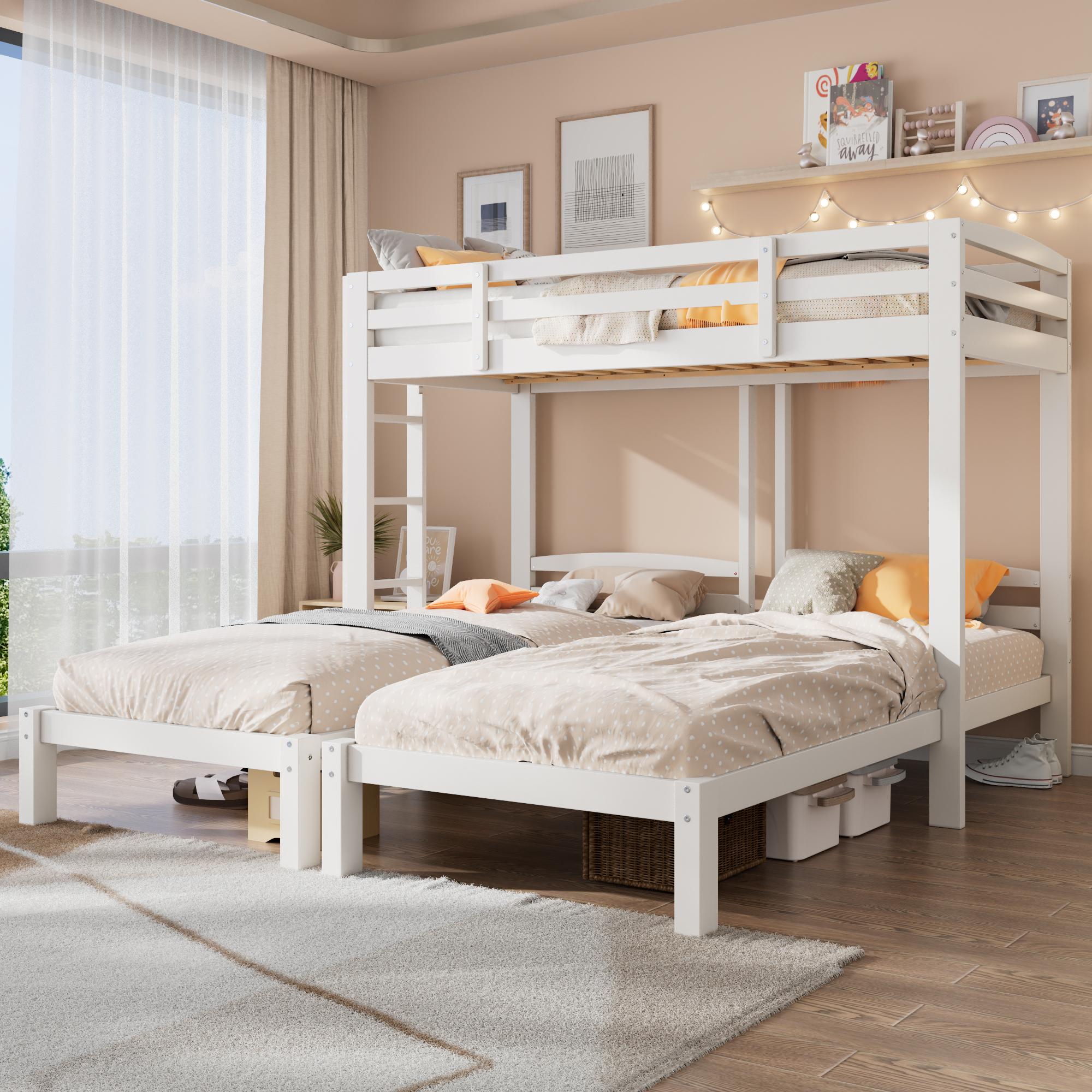 Merax Dreierbett 90x200cm, Dreifaches Etagenbett mit Seitenleiter für Kinder und Jugendliche, Massivholz, platzsparend, Weiß