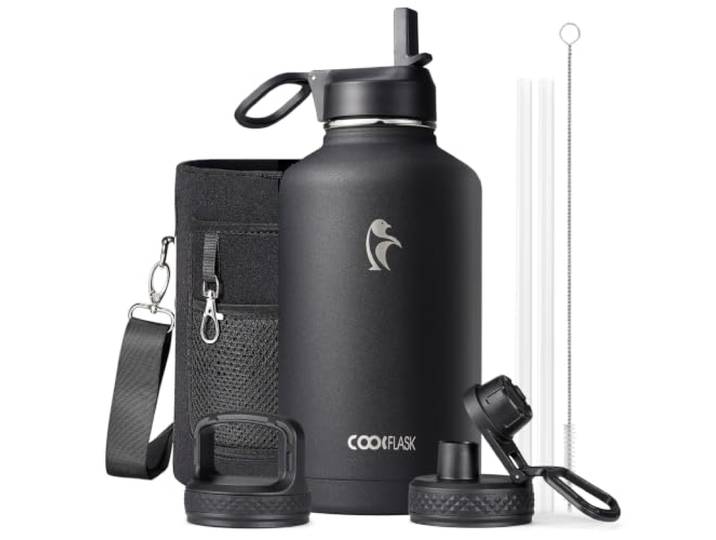 Coolflask Wasserflasche, isoliert, mit Strohhalm und 3 Deckeln, 1,8 l Fassungsvermögen, große Metall-Edelstahl-Wasserkrug, große halbe Gallonen, breite Öffnung, für Sport, Fitnessstudio oder Büro