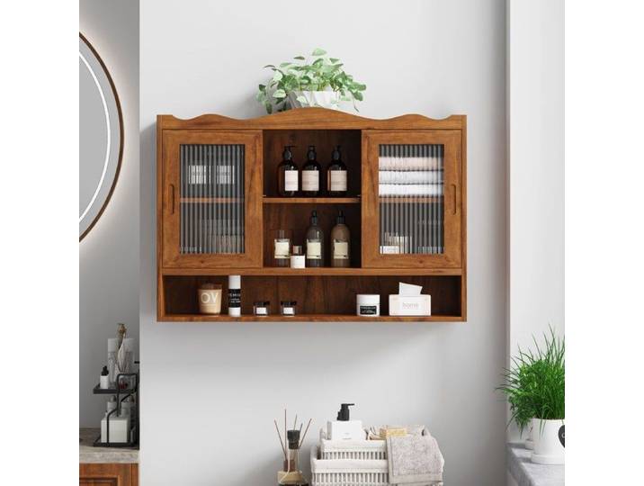 WOVREO Armoire murale rétro 90 x 20 x 60 cm 2 portes coulissantes bois massif et verre marron
