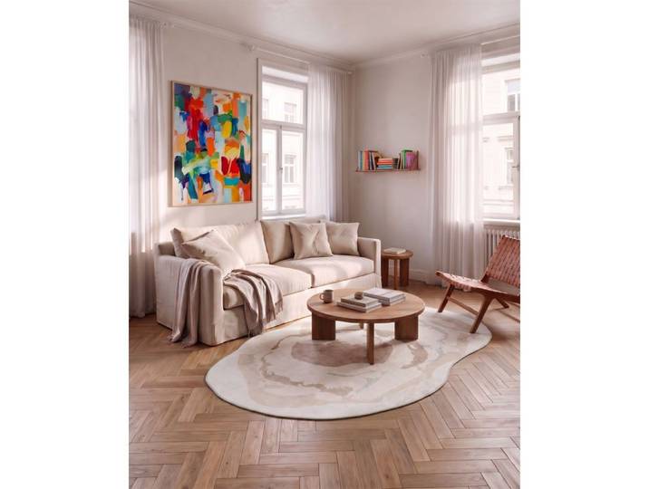 Tapis moderne salon beige blanc forme irrégulière 120 x 160 cm abstrait anti-acarien antidérapant compatible chauffage au sol