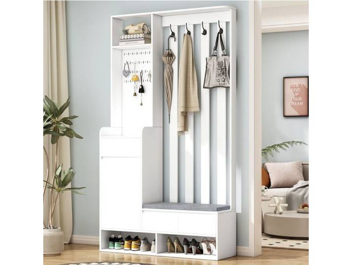 Vestiaire D Entrée Multifonction 6 En 1 Avec Banc Rembourré Panneau Perforé 4 Crochets Armoire MDF Blanc 180 X 100 X 35 Cm