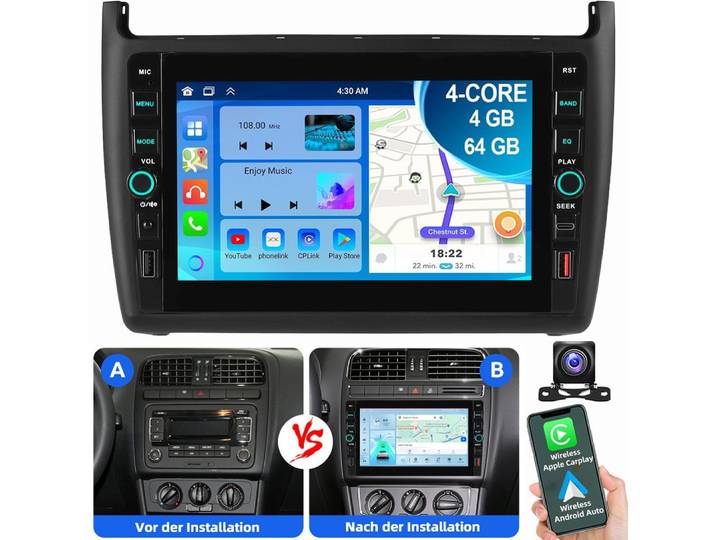 ESSGOO 8 Für VW Polo 6R 6C 2009-2017 Carplay GPS USB Type-C Autoradio (RDS, Digitalradio (DAB), FM, AM, Tastenbeleuchtung)