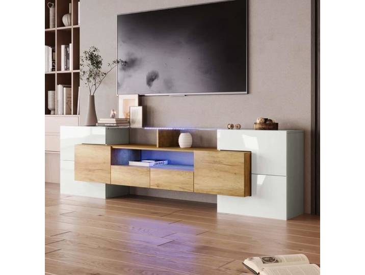 Meuble TV 200cm pour salon Banc TV led en bois avec 6 portes 2 tiroirs et 2 étagères ouvertes blanc
