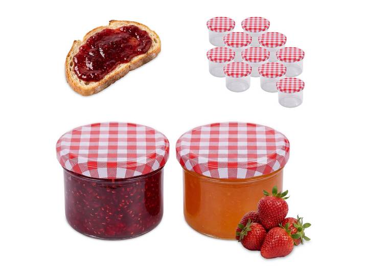 Relaxdays Einmachgläser Transparent Rot Weiß 12er-Set Twist-Off, Glas, Metall, Küchenzubehör, Vorratsbehälter, Einmachgläser