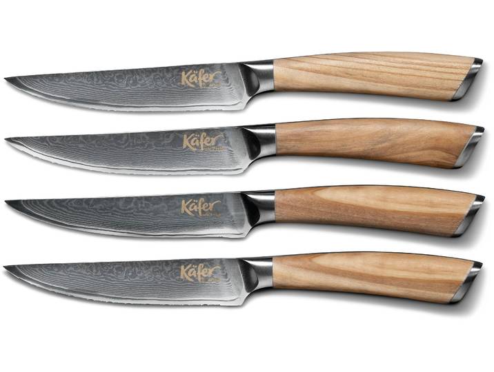 Steakbesteck KÄFER, grau (edelstahl), 4 Stk., Klingenstahl, Massivholz, Essbesteck-Sets, Olivenholzgriff, 67-lagiger Damaszenerstahl, Klingenlänge 12 cm