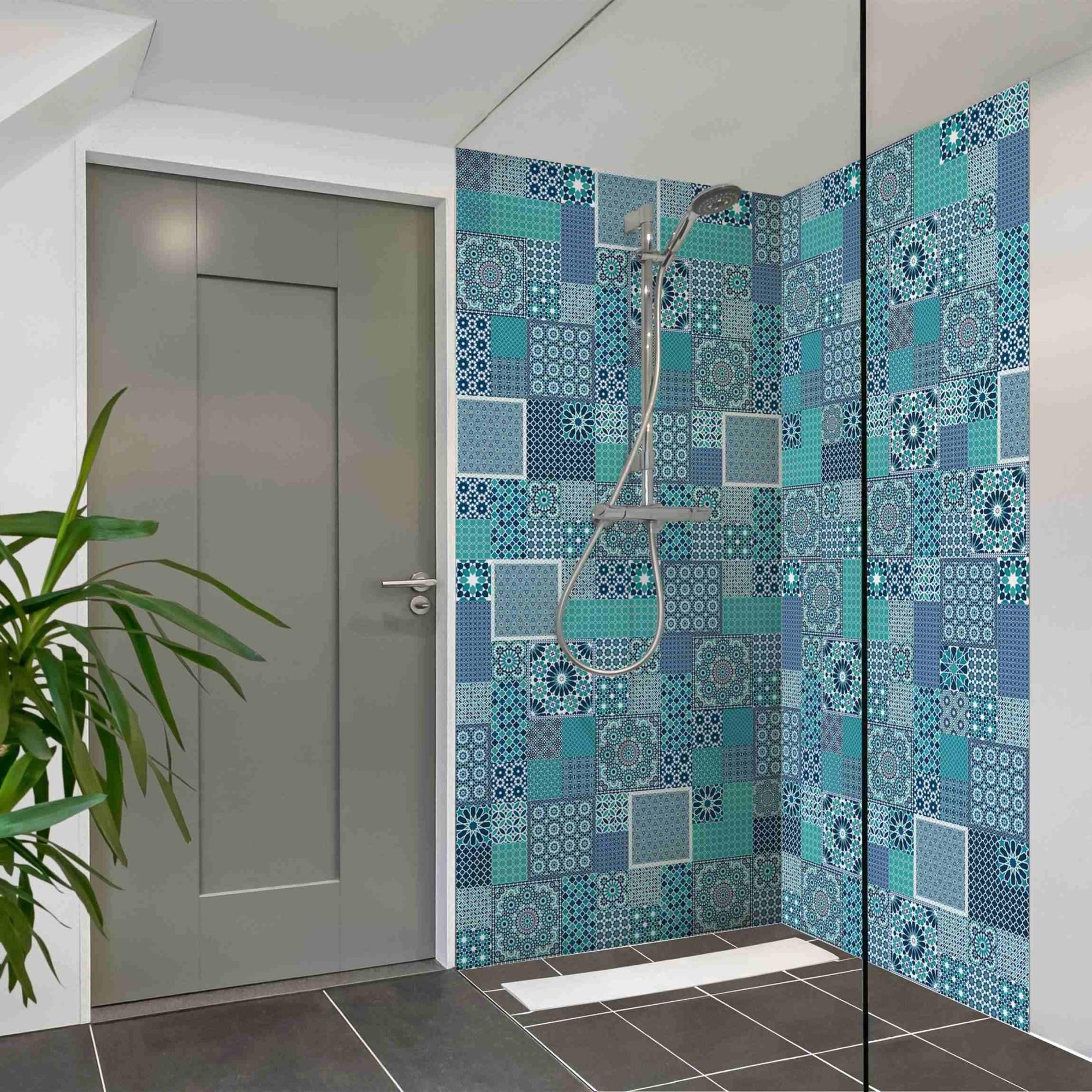 Duschrückwand Muster selbstklebend - 0.35 mm Wandpaneel wasserfest Mosaik blau Badrückwand fugenlos Smart matt 110x210 cm