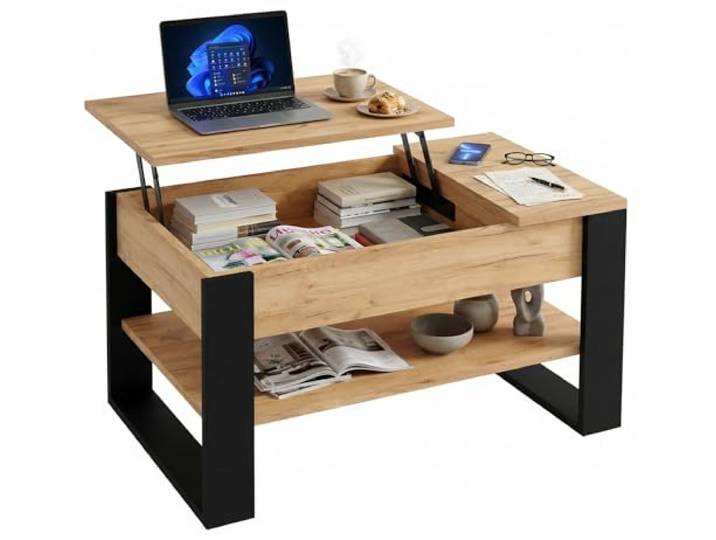 CraftPAK Couchtisch höhenverstellbar mit Stauraum Wohnzimmertisch mit Hubplatte und Ablage Multifunktional & stabil