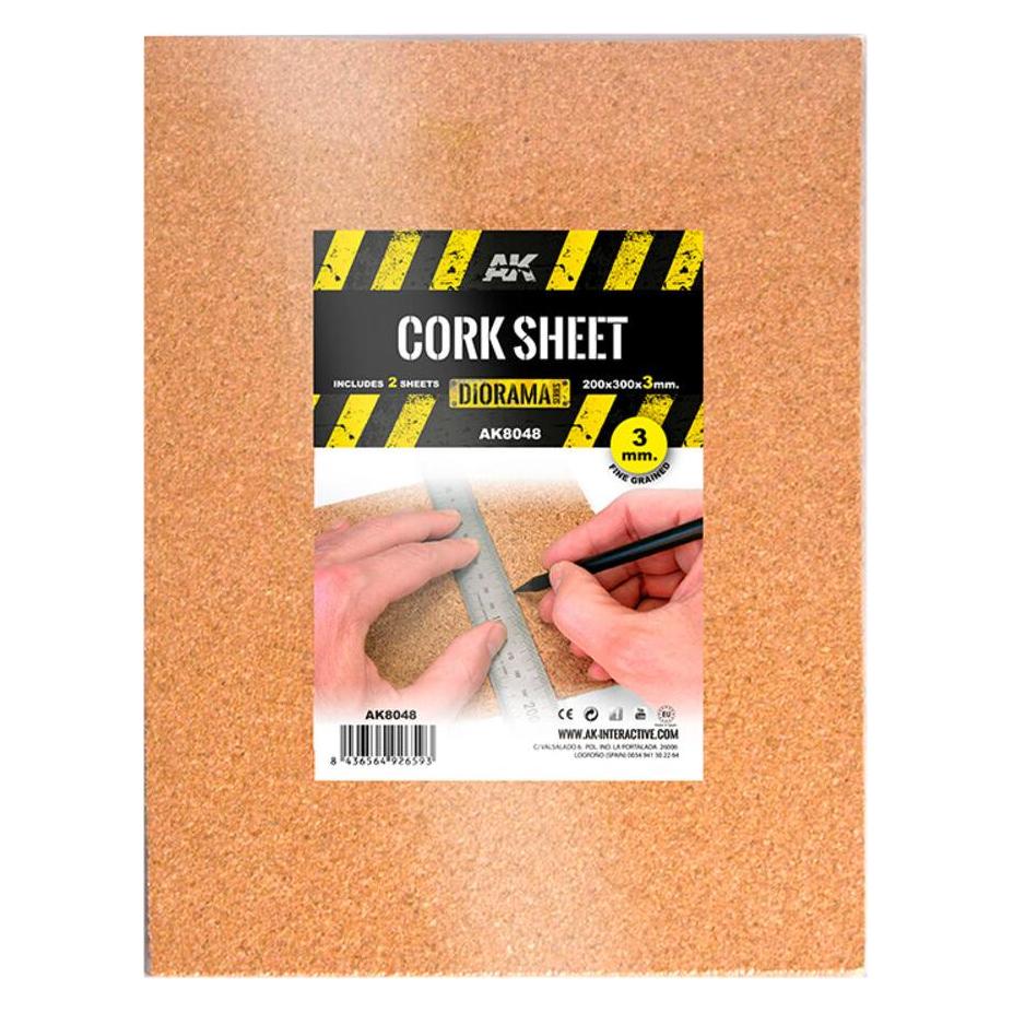 AK Interactive CORK SHEETS - FINE GRAINED / LAMINAS CORCHO - GRANO FINO - 200 x 300 x 3mm (2 SHEETS/LAMINAS) (AK8048)