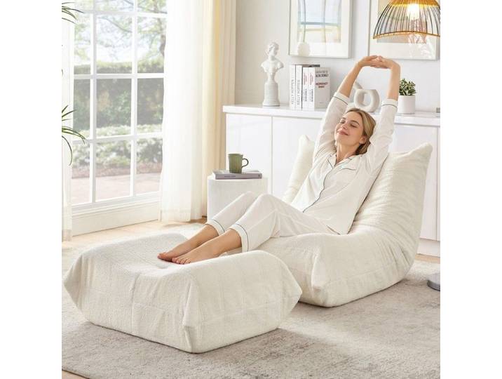 Fauteuil- Xylo- en teddyfell mit Rückenlehne mit Fußhocker Bohnensack Bodenlesesessel für Wohnzimmer für Schlafzimmer