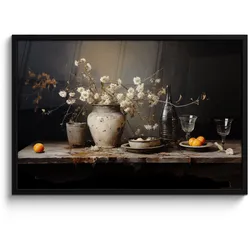 POSTER MIT RAHMEN Stilleben - Blumen - Blumenstrauß - Vase - Wein 90x60 cm