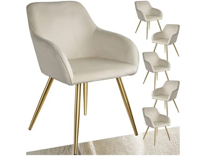 tectake 6er Set moderner Esszimmer Stuhl, Sitzfläche aus Samt, Armlehnstuhl, Sessel Wohnzimmer, gepolsterter Bürostuhl mit goldenen Metallbeinen, Schminktisch Stuhl - crème/Gold