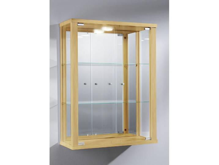 Hängevitrine mit ESG-Sicherheitsglas, Buche, mit LED-Beleuchtung und Spiegelrückwand