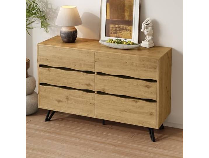 Merax Sideboard 6 Schubladen, 120x40x75,5 cm, Moderner Holz-Sideboard-Schrank mit Metallfüßen, viel Stauraum, Wohnzimmer & Esszimmer, Kommode, Holzfarbe