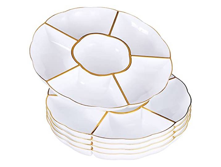 MATANA 20 Weiße Snackteller mit Goldrand & 6 Fächern (Kunststoff, 31cm) - Servierteller, Snackschalen & Dipschalen - Picknick & Partys - Elegant, Stabil & Mehrweg