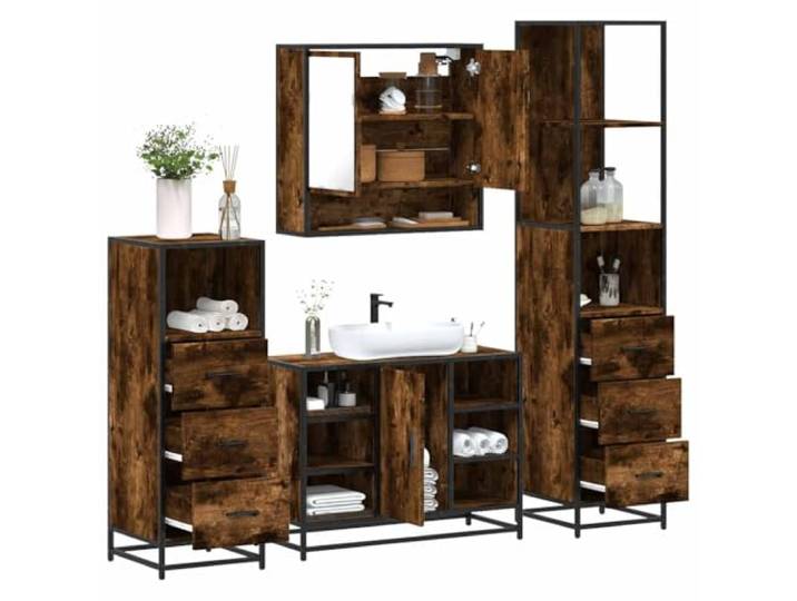 HWKQEQRF 4-TLG. Badmöbel-Set Räuchereiche Holzwerkstoff Metallgestell,Lowboard,Waschbeckenunterschrank,Spiegelschrank,Wandmontage,Stauraum,Industriestil