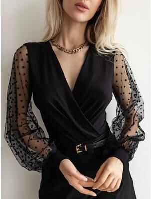 Inspired Finds Elegant Polka Mesh Women's Long Sleeve Stretch Bodysuit With Balloon Sleeves s(us 4)
