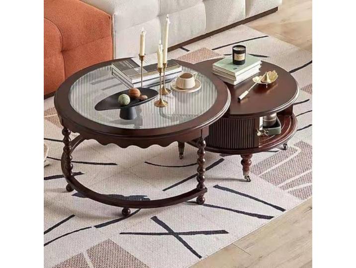 Runde Couchtisch-Garnitur aus Massivholz, Amerikanischer Vintage-Stil Massivholzgestell, Glasplatte, Stauraum auf zwei Ebenen, Rollen, Satztisch-Design, Möbel für kleine Räume, Wohnzimmer