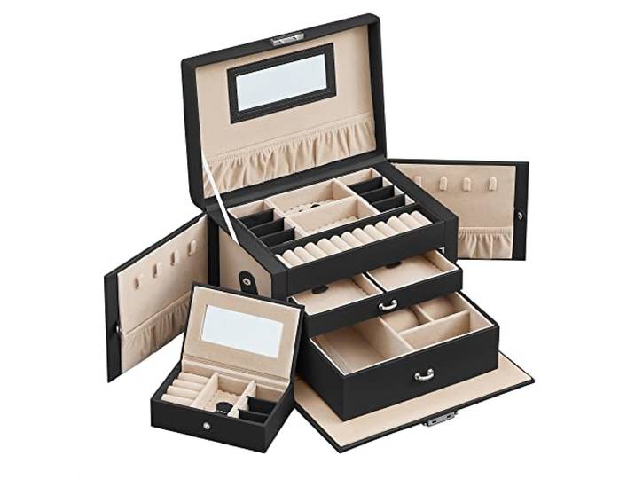 SONGMICS sieradendoos, sieradendoos met 2 laden, afsluitbaar, met spiegel, uitneembare reisdoos, voor ringen, armbanden, oorbellen, kettingen, fluwelen voering, als geschenk, zwart JBC121B