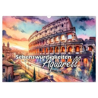 Sehenswürdigkeiten in Aquarell (Wandkalender 2027 DIN A3 quer), CALVENDO Monatskalender