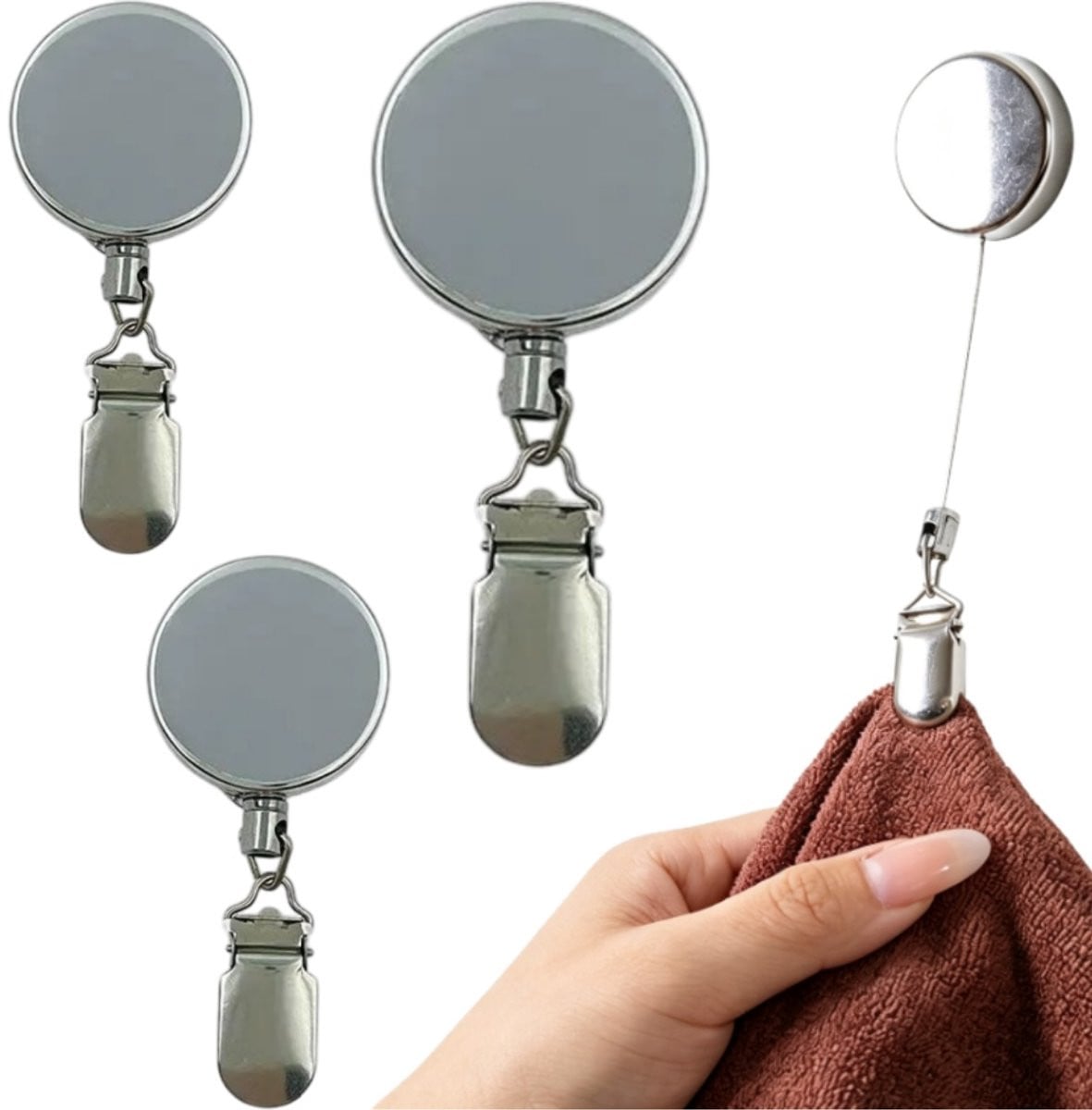 Set van 3 Telescopische Handdoekclips Zilver - 60 cm - Ophangrek voor Keuken en Badkamer