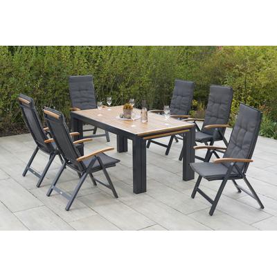 Garten-Essgruppe MERXX "Tilos", grau (graphit, natur), Aluminium, Massivholz, Sitzmöbel-Sets, inkl. Auflagen