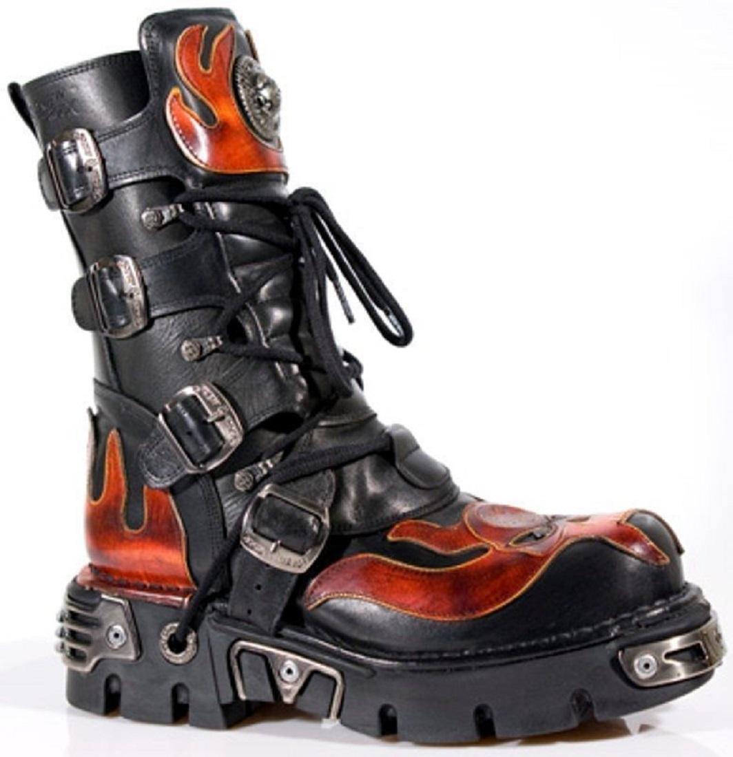 New Rock Flame-Akzent-Bikerstiefel aus schwarzem/rotem Leder mit Totenkopf-Motiv – 107-S1