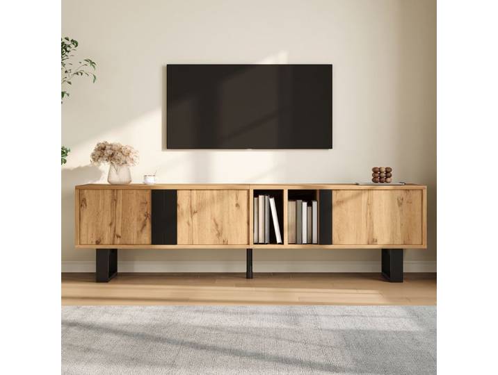 Meuble TV LEMONMAX 3 Portes Niches Ouvertes 2 Compartiments Pieds en Métal Noir Charnières Amorties Passe-Câbles