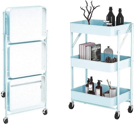 Multifunctionele Serveertrolley met 3 Niveaus - Inklapbare Keukentrolley en Badkamerrek op Wielen