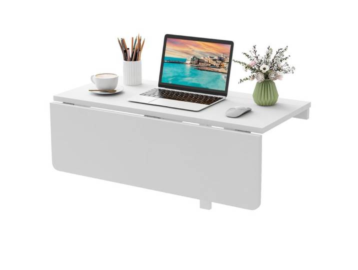 GYMAX Table Pliante Murale à Double Pliage 80 x 60 CM avec Support Triangulaire en Bois pour Cuisine Chambre Bureau - Blanc