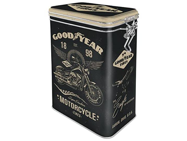 Nostalgic-Art Retro koffieblik, Goodyear – Motorcycle – Geschenkidee voor auto- en motorfans, Blik met aromadeksel, Vintage design, 1,3 l