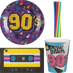 90er Jahre Party Einweggeschirr Partygeschirr Deko Set Partyset 90s Dekoration Teller Becher Servietten
