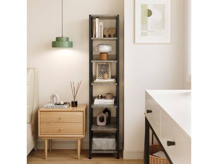 KOIOPLIE Bibliothèque étroite et haute 6 niveaux 168 cm étagère ouverte verticale style industriel cadre métal noir plateaux Gris
