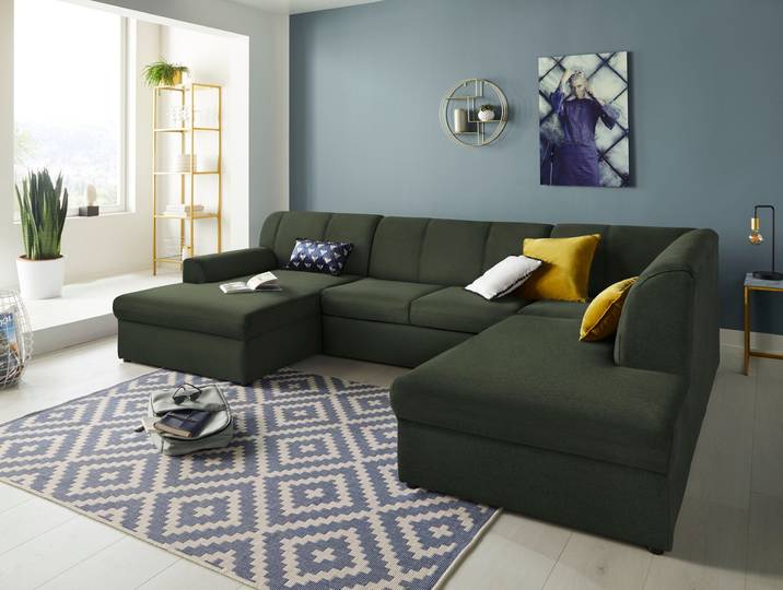 Wohnlandschaft, 320x213 cm, Strukturstoff, Grün, U-Form mit Bettfunktion, Klassisch, Domo-collection