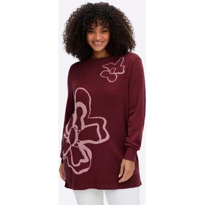 Jacquardpullover SHEEGO "Pullover", Damen, Gr. 48/50, rot (bordeaux, gemustert), 50% Viskose, 28% Polyester, 22% Polyamid, Einsatz:100% Polyamid, geblümt, gemustert, mehrfarbig, Pullover