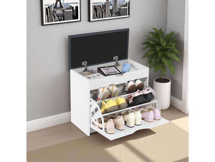 Banc de rangement pour chaussures avec coussin de siège - Meuble à chaussures à 3 compartiments rabattables, Organisateur de chaussures pour couloir, Banc de rangement pour chaussures avec siège pour
