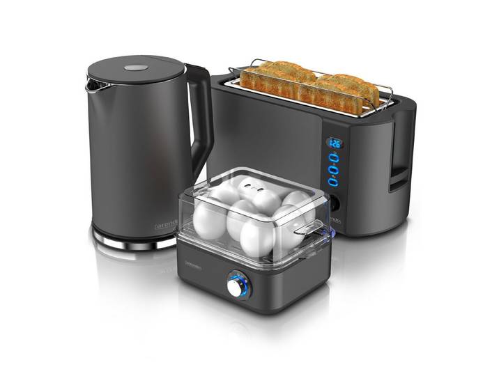 Arendo Frühstücks-Set Wasserkocher 1,5l, 4-Scheiben Toaster, 8er Eierkocher, Cool Grey (3-tlg), Wasserkocher 40-100°C, Toaster: LED-Display, Eierkocher: 1-8 Eier