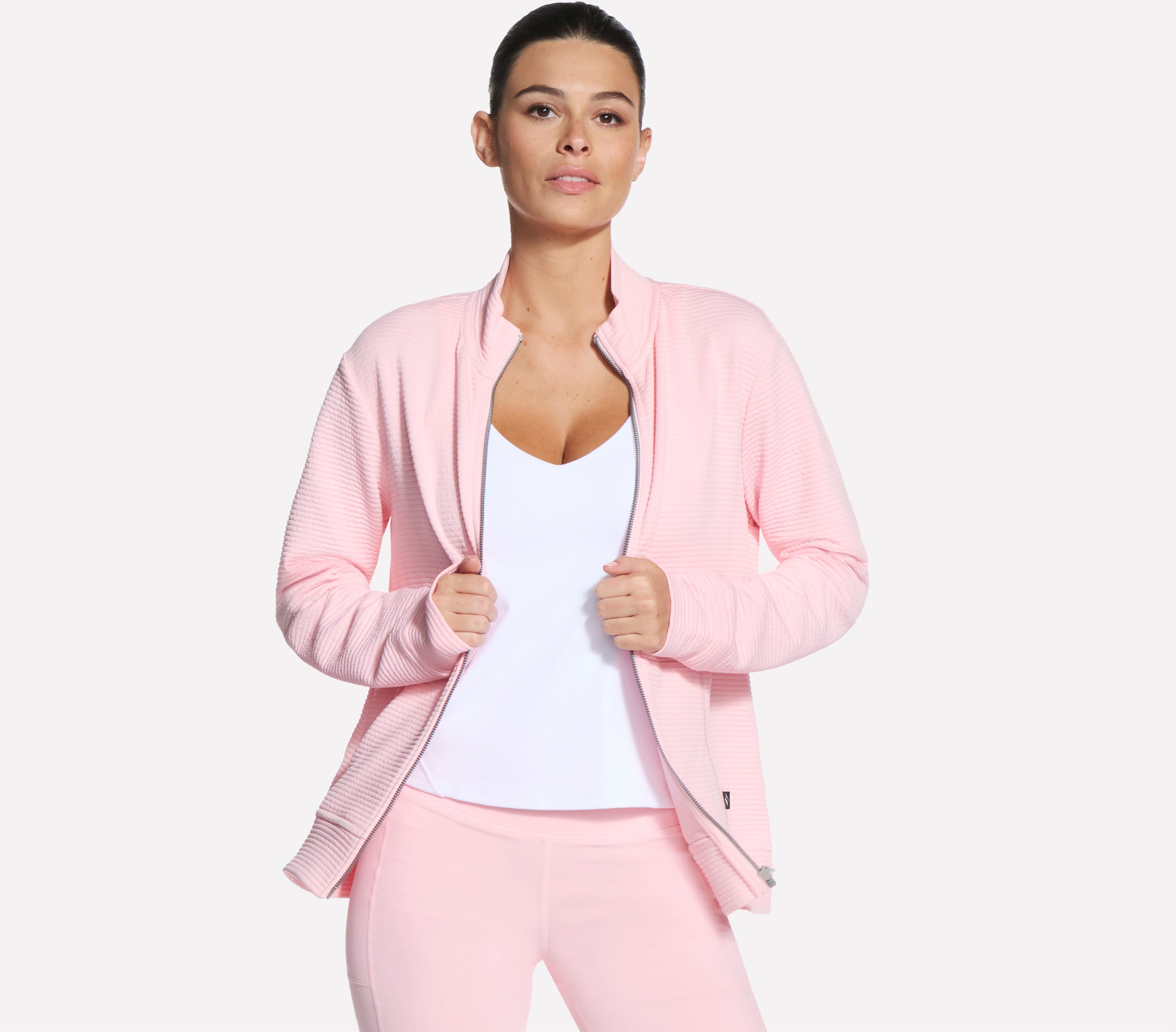 Trainingsjacke SKECHERS "Women's Jacket", Damen, Gr. XS (34), rosa (pink sugar), Strick, Obermaterial: 97% Polyester, 3% Elasthan, Jacken Trainingsjacke, Skech-Sweats™ Soft-Fleece, Stehkragen, Geteilte Kängurutasche pink sugar XS (34)