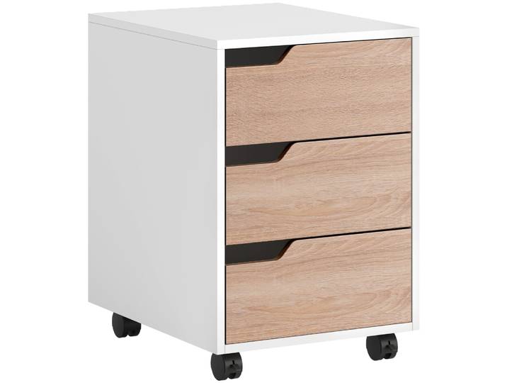 Caisson de bureau sur roulettes 3 tiroirs blanc et chêne