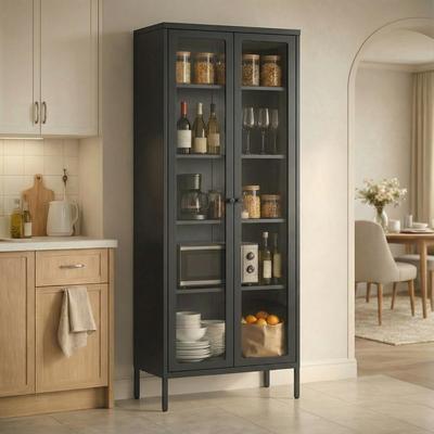 SUNCROWN Kitchen Pantry Cabinet Glass Display Storage Buffet Sideboards with Glass Doors and 4 Adjustable Shelves