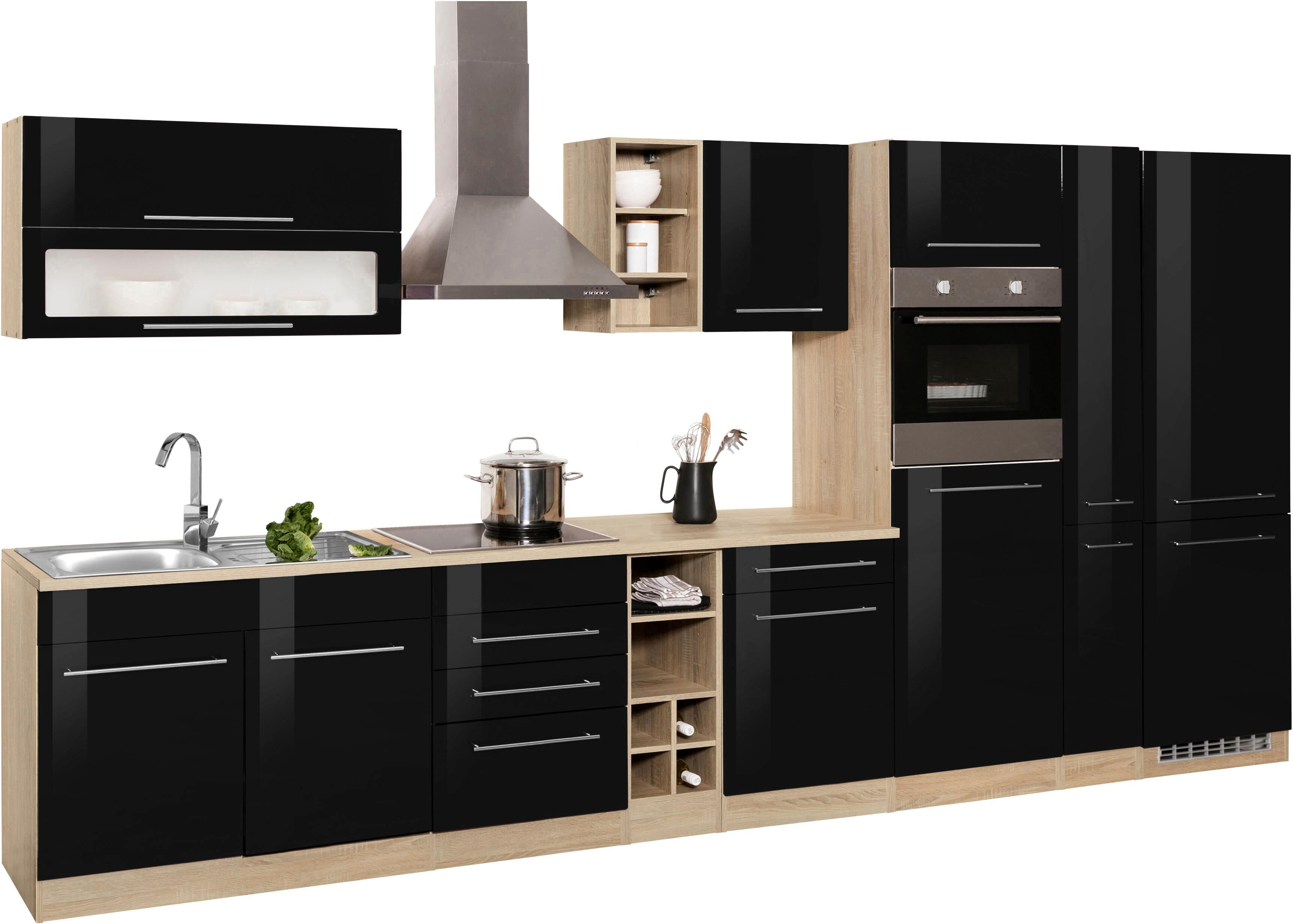 Küchenzeile KOCHSTATION "KS-Eton", schwarz (küche: schwarz, korpus: eichefarben, arbeitsplatte: eichefarben), B:390cm T:60cm, Komplettküchen-Sets, Küchenzeile, ohne E-Geräte, Breite 390 cm küche: schwarz, korpus: eichefarben, arbeitsplatte: eichefarben B/