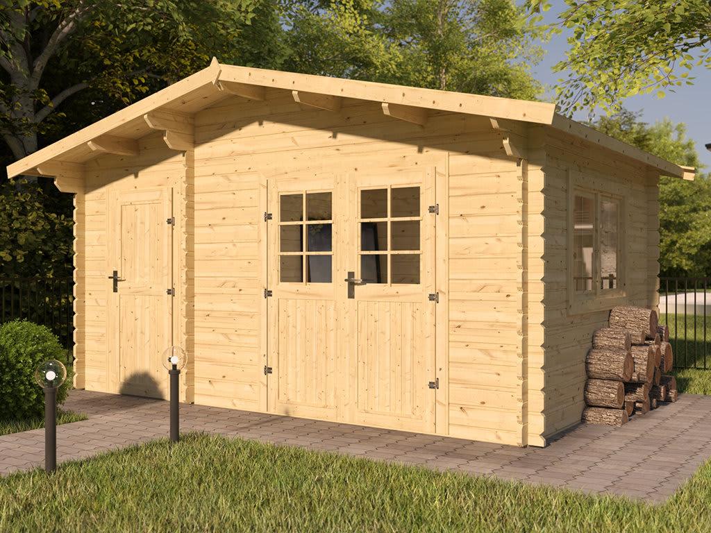 WOODTEX Naturbelassen 3x3 Meter Gartenhaus Blockbohlenhaus Keiko 34 mm, Fichte Massivholz, Doppelstabmatten Schloss, Dachpappe, Gartenhaus Holz