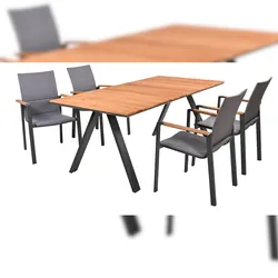 DELUKE Garten-Sitzgruppe FAYE 5-tlg. - Teak, Dunkelgrau | Gartenmöbel-Set Gartengarnitur Garten-Essgruppe mit Stapelstühlen und Esstisch
