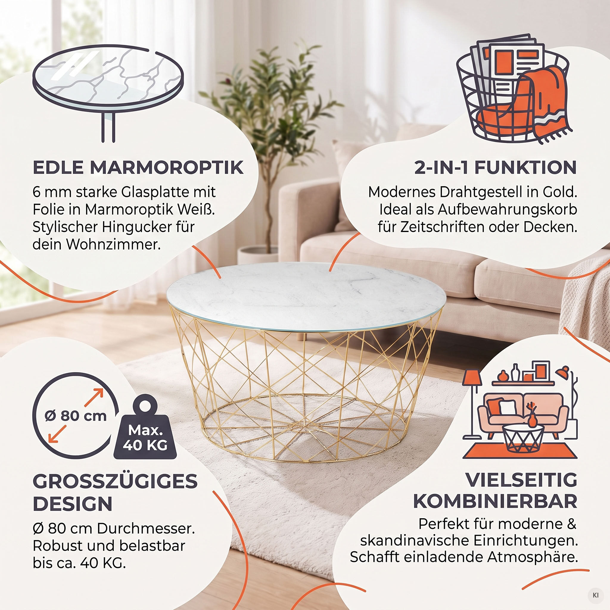 Couchtisch SALESFEVER "Caorle Coffeetable: Harmonisches Wohnambiente", weiß (weiß, gold, gold, weiß), B:80cm H:45cm T:80cm, Tische, Couchtisch, Stilvolles Korbgestell