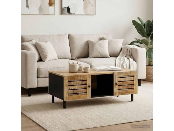 pokgdf Couchtisch Natur aus Massivholz Mango 100 x 54 x 40 cm Massivholz Mango, Messingknöpfe, Stauraum, schwarze Oberfläche, rechteckig, pflegeleicht