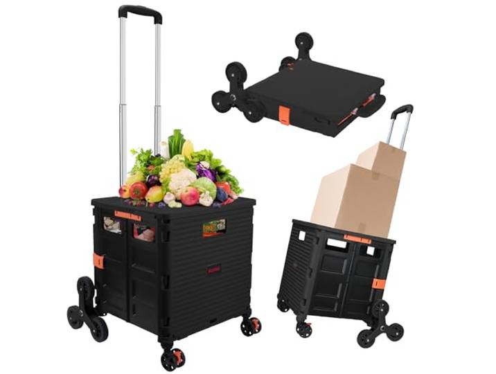 SELORSS Faltbarer Mehrzweckwagen, zusammenklappbarer Rollwagen mit Treppensteigrädern, Rollkorb für Lehrer, mit Deckel, verschleißfest, um 360° drehbares Rad, geräuschlos, für Umzug im Büro, Schwarz