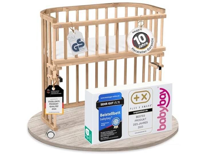 babybay Original, Natur lackiert, mit Matratze, Gitter & Rollen Das Original vom Erfinder der Beistellbetten, GS-geprüft, massive Buche, stufenlos höhenverstellbar & mitwachsendes Babybett