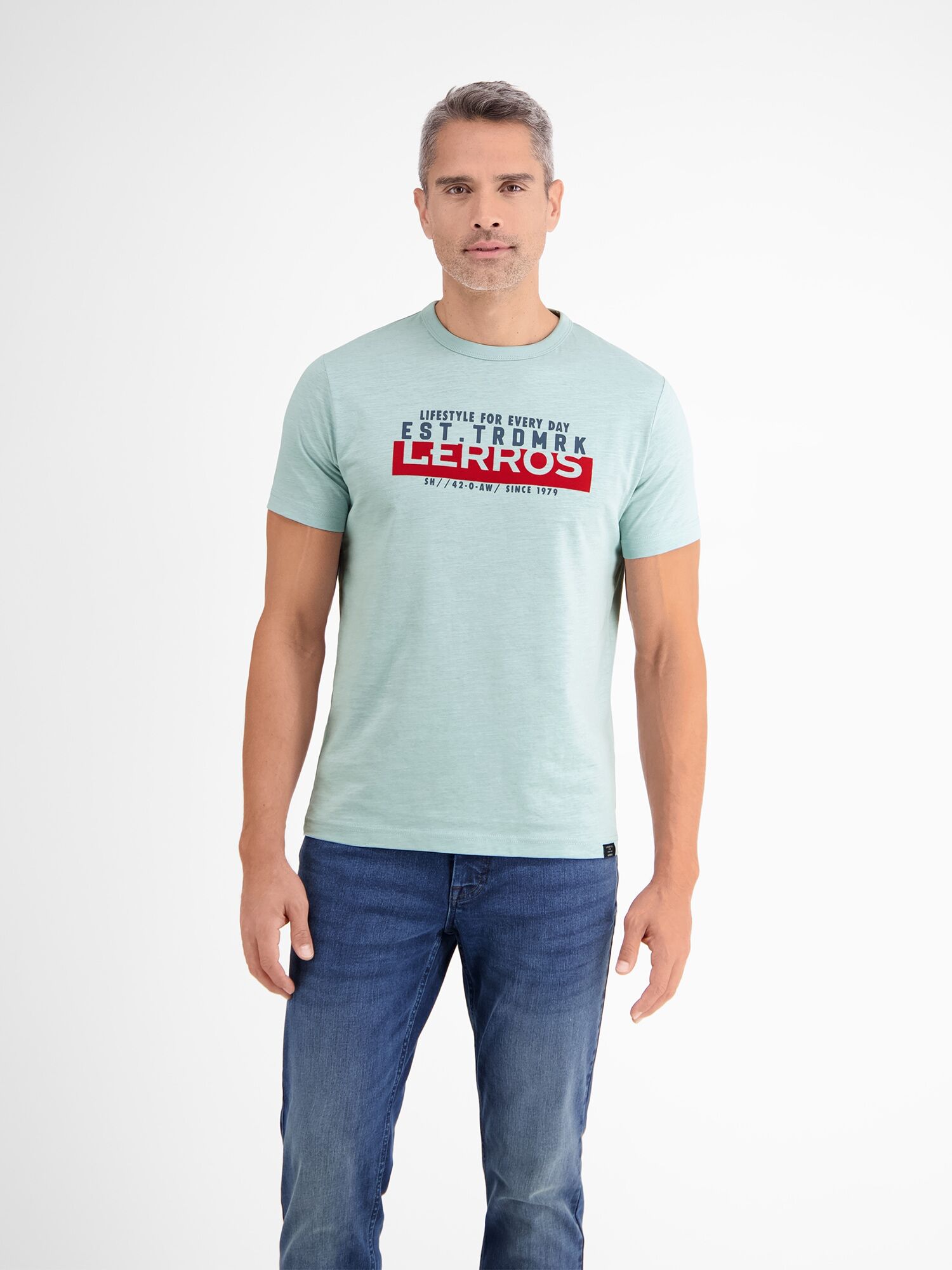 T-Shirt LERROS "Unifarbenes T-Shirt mit Print", Herren, Gr. S, blau (cloud blau), 100% Baumwolle, Rundhals, Shirts T-Shirt cloud blau S